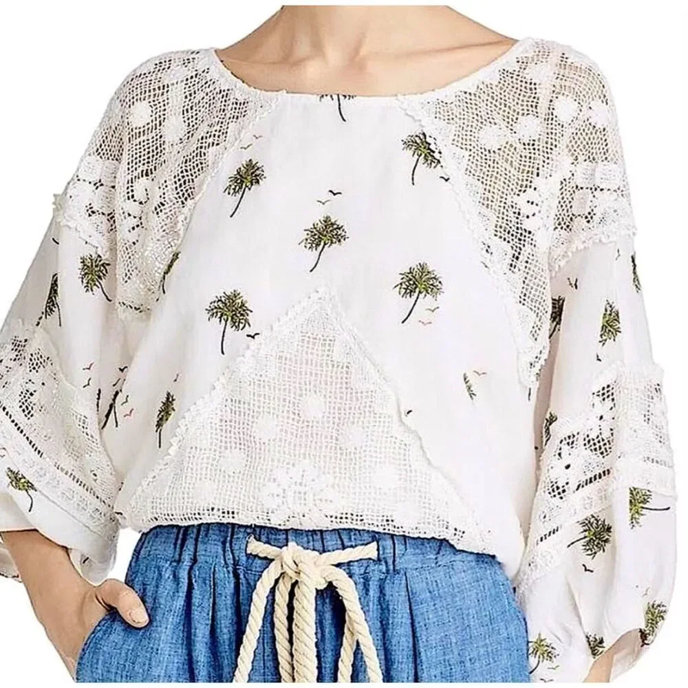 EUC Free People Palms Print Linen Cotton Blouse